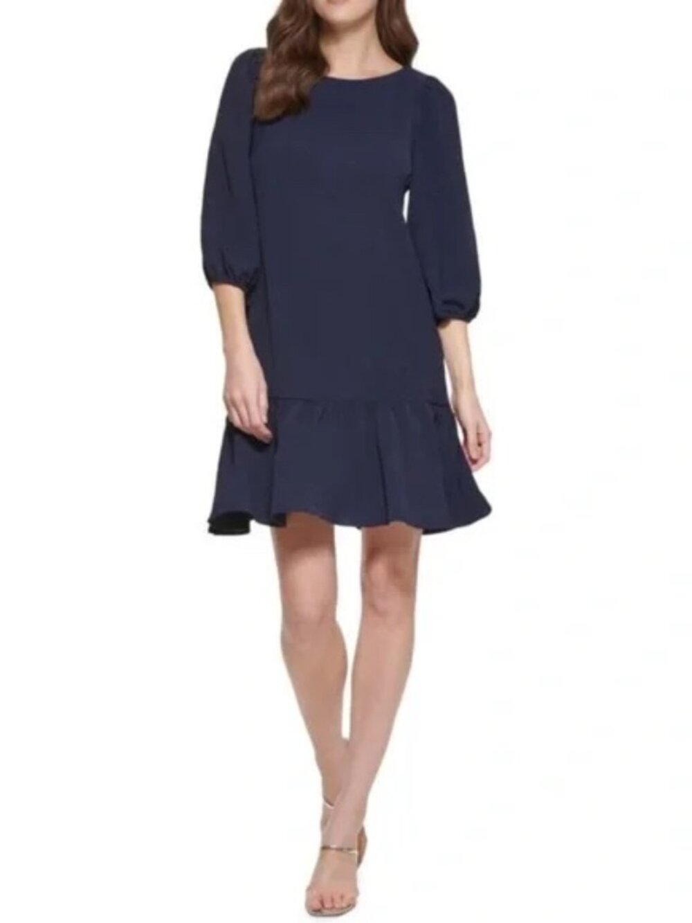 DKNY Navy Blue Balloon Sleeve Ruffle Hem Dress (8)